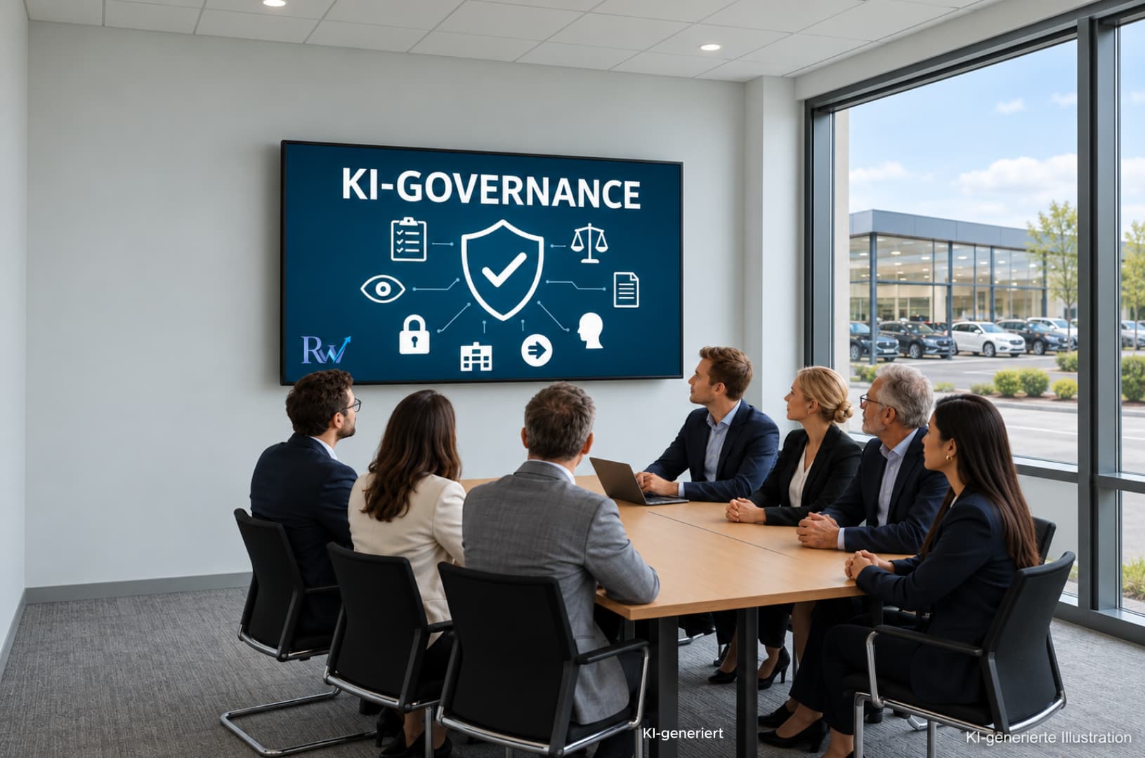 Geschäftsleute in einem Konferenzraum betrachten eine Präsentation zum Thema KI-Governance auf einem großen Bildschirm.