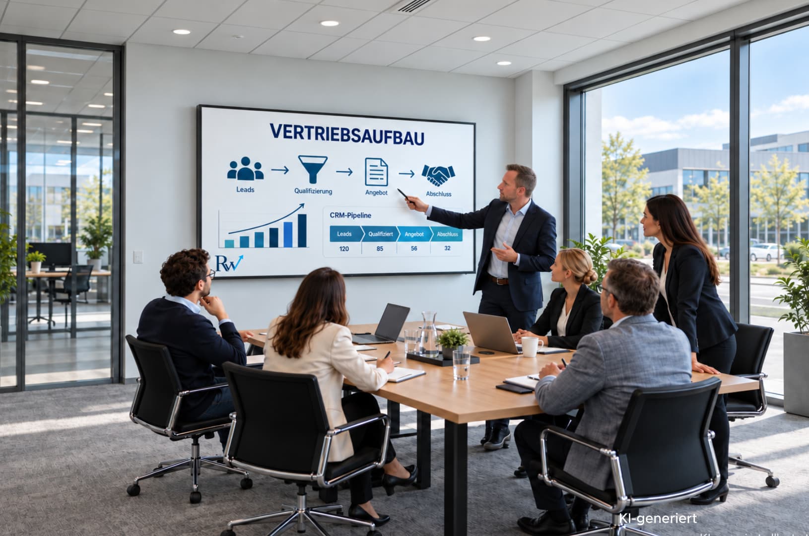 Ein Mann präsentiert den Vertriebsaufbau auf einem Bildschirm vor Kollegen in einem modernen Konferenzraum.